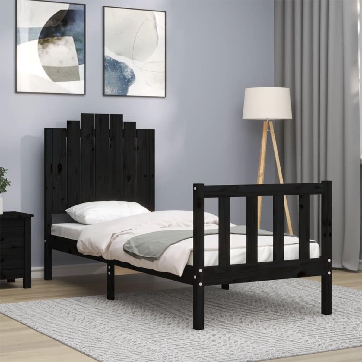Tweepersoonsbed, massief houten bed met hoofdeinde, zwart, 2FT6 Small Single geschikt voor familiekamers