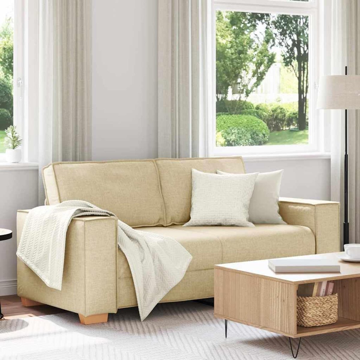 2-zitsbank, crème, 140 cm, stof, gestoffeerde bank met brede armleuningen en dik gevoerde zitvlakken, comfortabel zitmeubel voor woonkamer, kantoor of logeerkamer