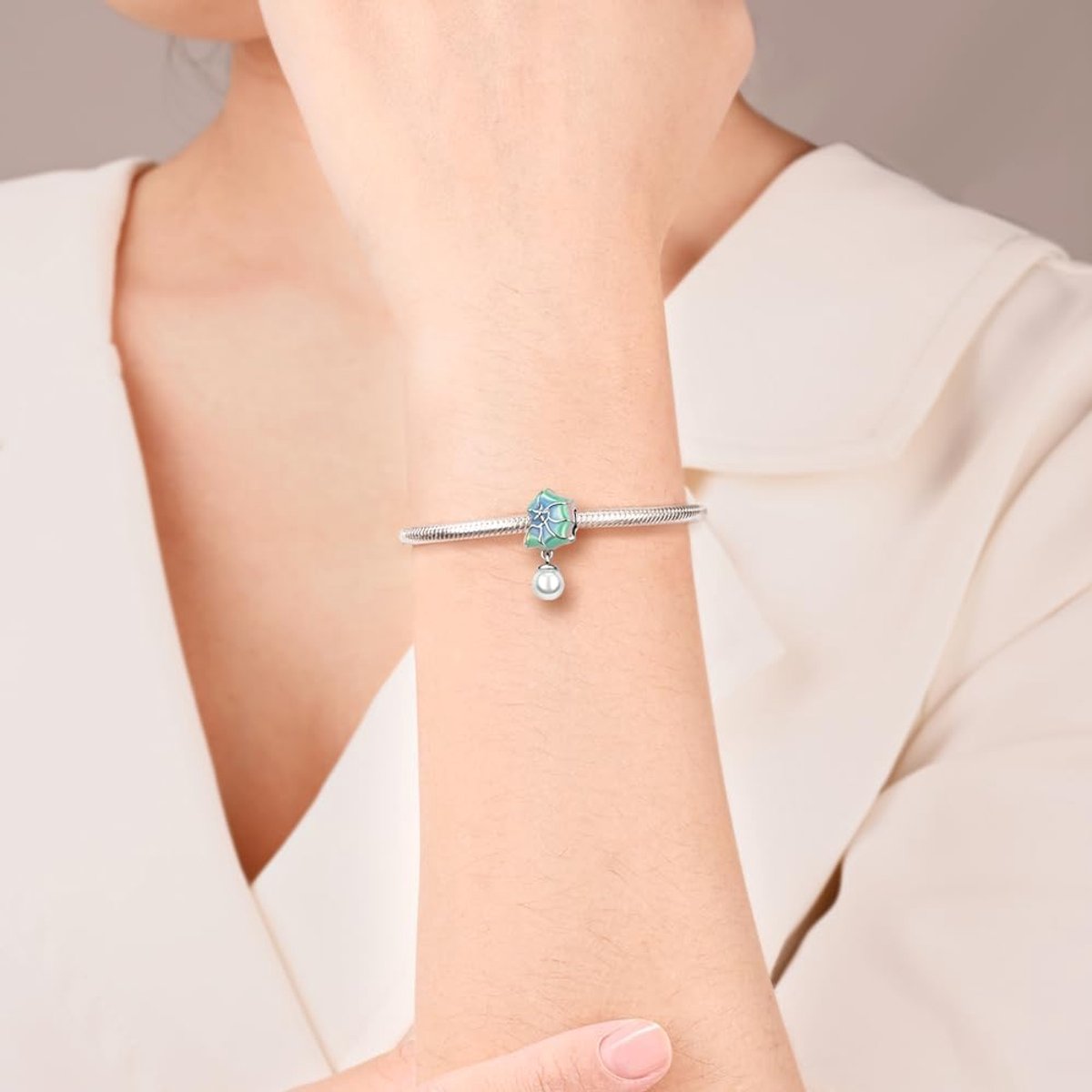 Bedel met parel van 925 sterling zilver, compatibel met Pandora armbanden