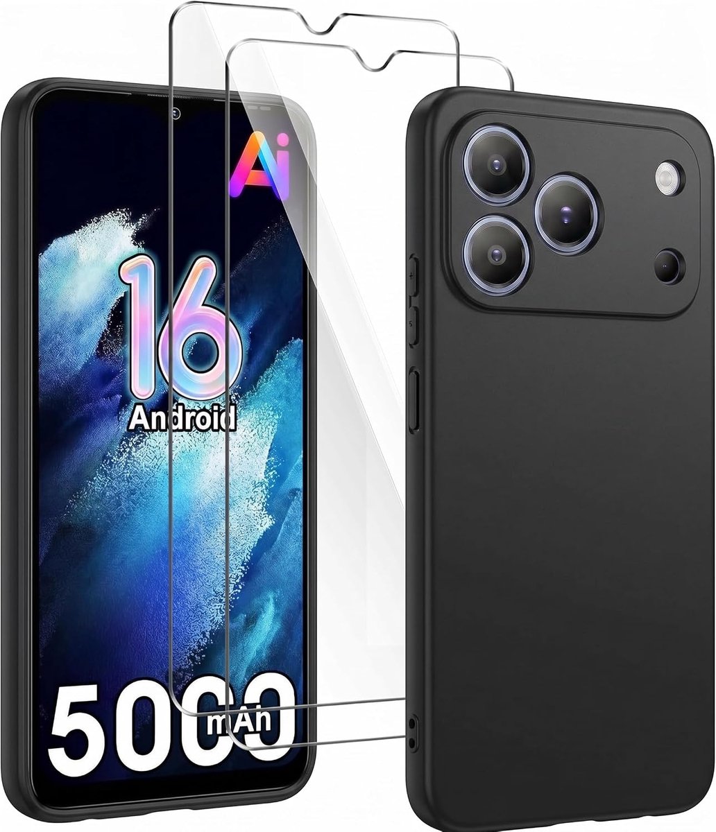 Beschermhoes voor Blackview Wave 7C (6,56 inch) met 2 displaybeschermfolies van gehard glas, zwart, zachte TPU-siliconen, ultradun, krasbestendig, schokbestendig, zwart