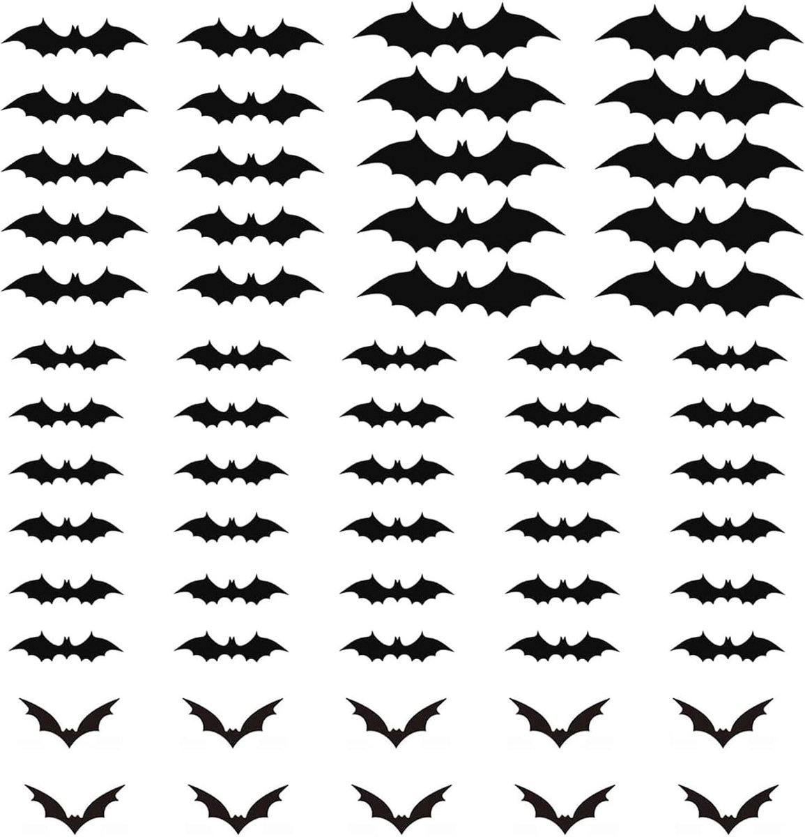 60 stuks 3D-vleermuisstickers, Halloween-feestversiering, DIY-Halloween-feestbenodigdheden, Halloween-decoraties, raamversiering, voor ramen thuis, feesten, bars, kamerdecoratie (4 maten)