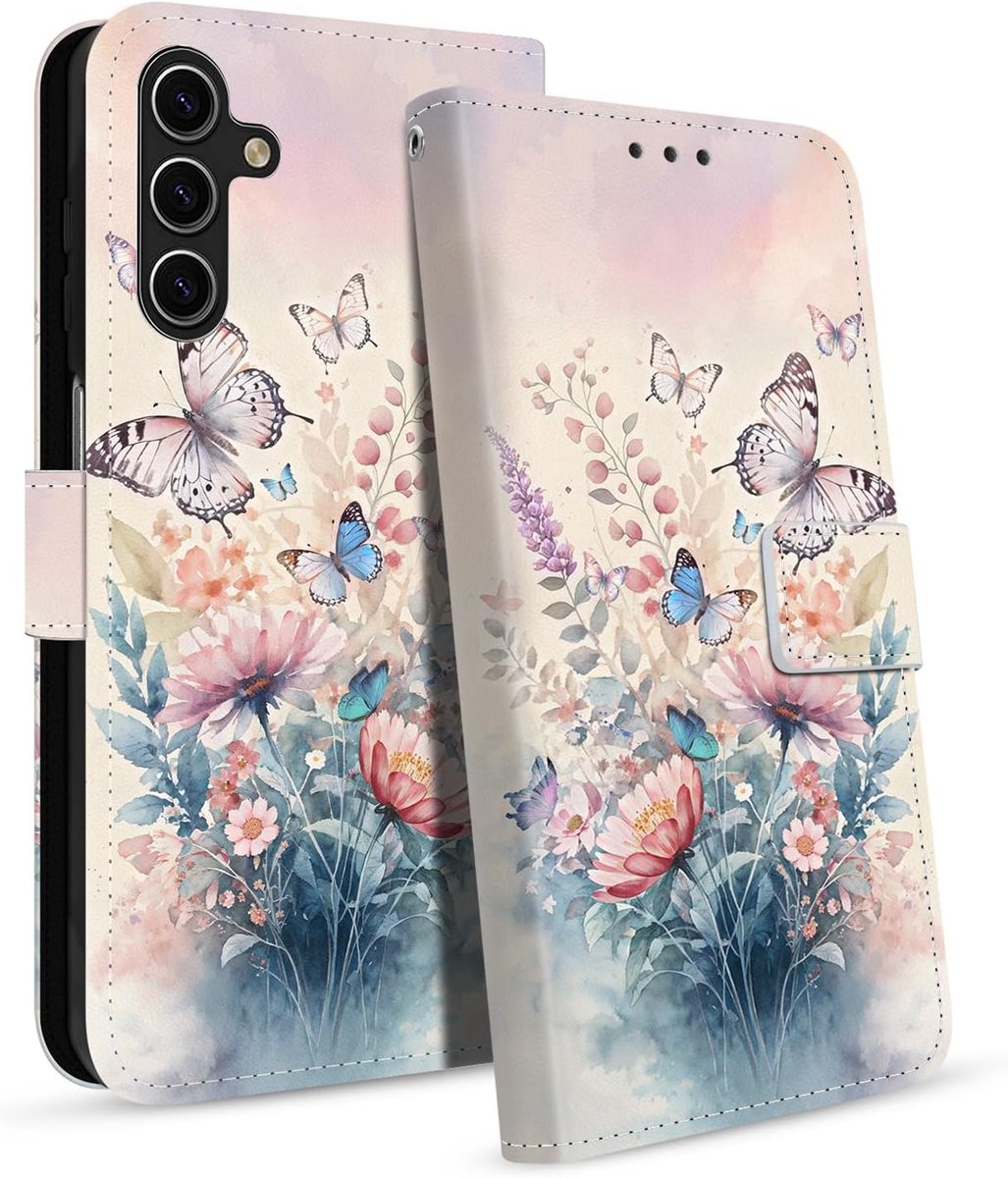 Telefoonhoesje voor Samsung Galaxy A54 5G, premium PU-leren klaphoesje, kaartenvak, beschermhoes, stootvaste case met motief, kleurrijke vlinder