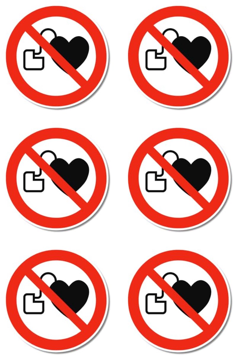 Toegang voor personen met pacemakers of geïmplanteerde defibrillatoren: P007 - DIN EN ISO 7010 / ASR A1.3 - stickers: Ø 5 cm, 6 stuks