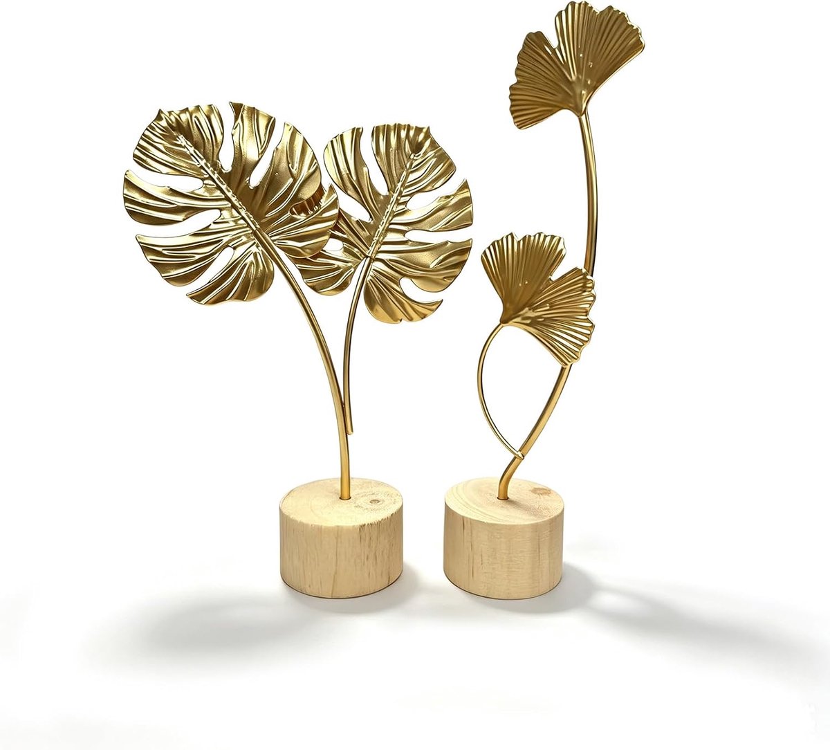2 stuks gouden veer-blad-metalen sculptuur, decoratie voor kantoor en woonkamer