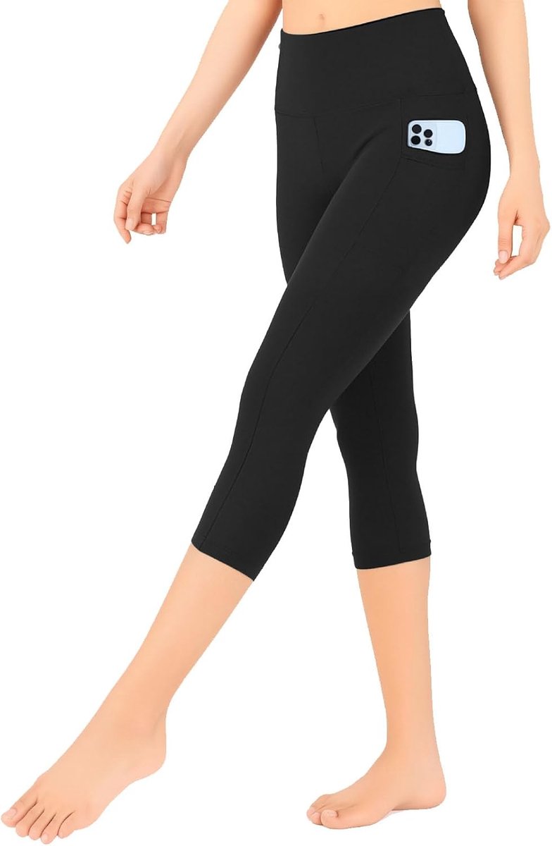 Sportlegging voor dames, 3/4, hoge taille, met zakken, korte sportlegging, yoga, fitness, hardlopen, piratenbroek, zomer, ondoorzichtig, zwart