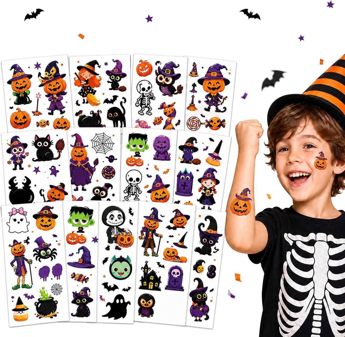 Tijdelijke kindertatoeages voor Halloween, 10 vellen met cartoonmotieven, waterdicht en huidvriendelijk, perfect voor kinderfeestjes