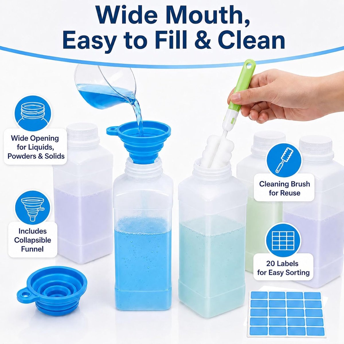 4 stuks 1000 ml brede hals flessen met schroefdoppen, herbruikbare HDPE brede mondflessen, lekvrij, lege chemische en laboratoriumfles met trechter, borstel en sticker voor laboratorium, keuken