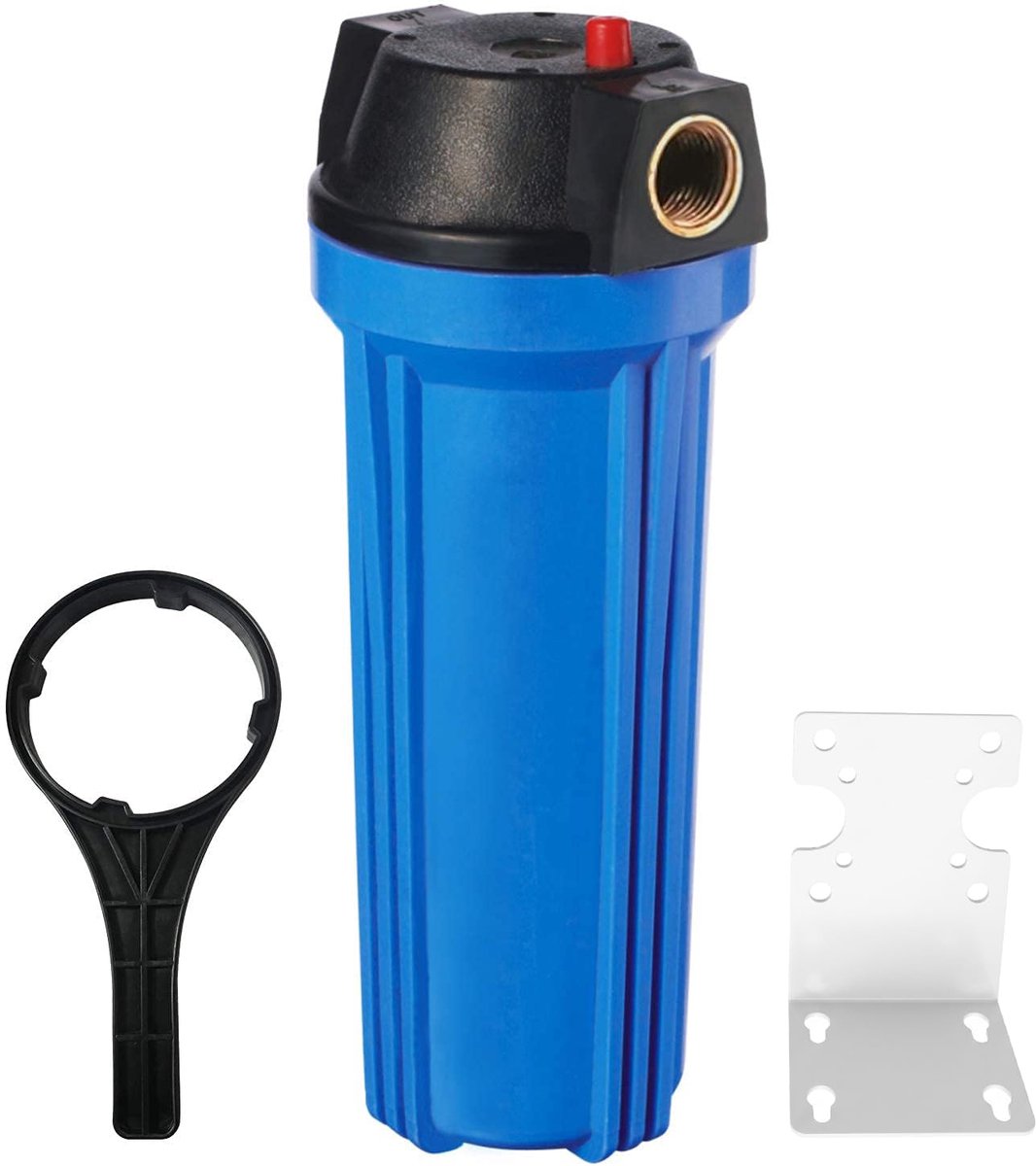 Image of 10-inch blauwe behuizing voor 2,5" x 10" filter - 3/4" BSP koperen poort met moersleutel en beugel