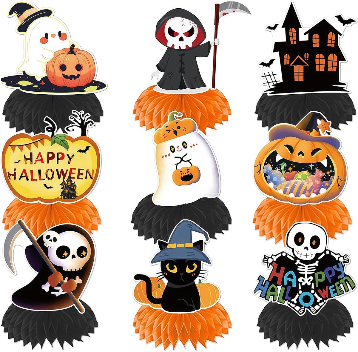 9 stuks Halloween Honingraat Tafelversiering, Pompoen Geest Vleermuis Tafelstandaards van Papier, 3D Honingraat Middenstukken voor Halloween Feest Tafeldecoratie Trick
