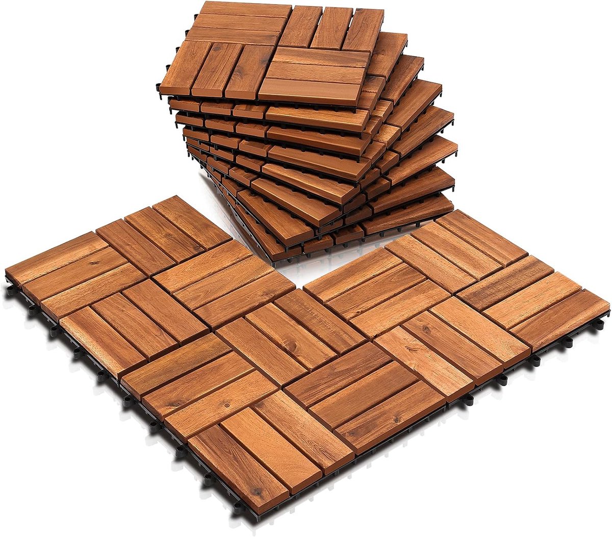 Houten tegels voor balkon 30x30cm, terrastegels van acaciahout 110 stuks 10㎡, balkon vloerbedekking (12 latten), terrasvloer buiten, kliktegels terras mozaïek voor tuin patio