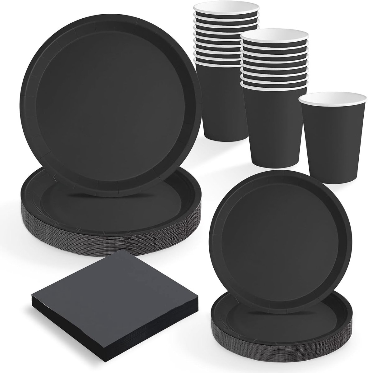 Wegwerpserviesset voor 20 personen - papieren bekers 270 cc + papieren borden Ø 17 en Ø 20,5 cm + papieren servetten 25 x 25 cm - servies voor verjaardagen en evenementen (zwart)