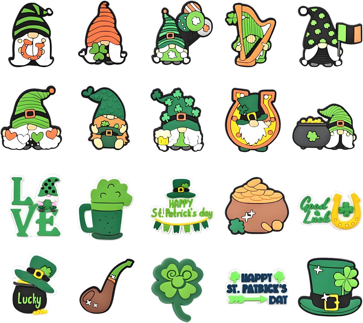 20 stuks Happy St.Patricks Schoendecoratie bedels, Lucky Clover Gnome Schoen Charms voor Klomp Sandalen Polsband Armband, Groene PVC CLOG Charms Accessoires, Party Favor Festival Gift voor Jongens