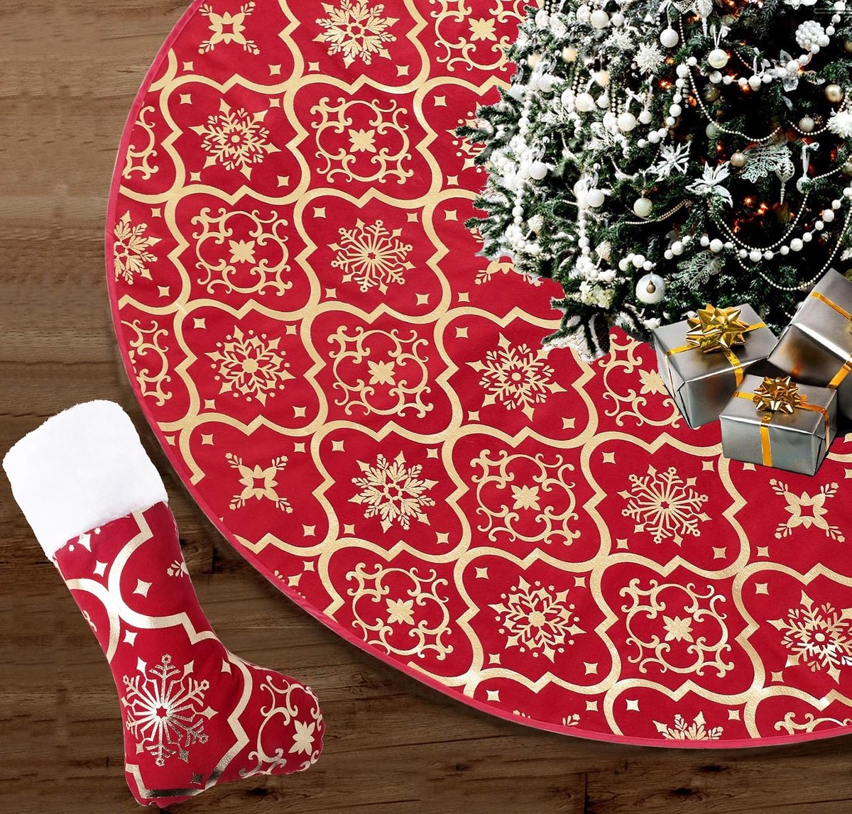122 cm, kerstboomdeken met kerstkousen, kerstboomrok met sneeuwvlokkenpatroon, kerstdeken voor Kerstmis, vakantie, feest (rood)