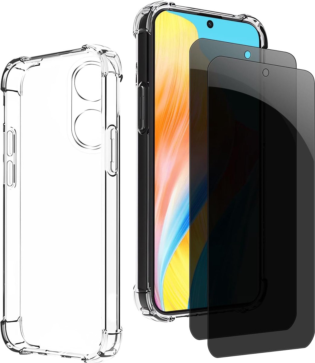 Inkijkbescherming voor Oppo A98, 1 TPU-hoes met 2 stuks pantserglas, 9H glas, anti-spy folie, transparante siliconen beschermhoes, anti-geel, slank