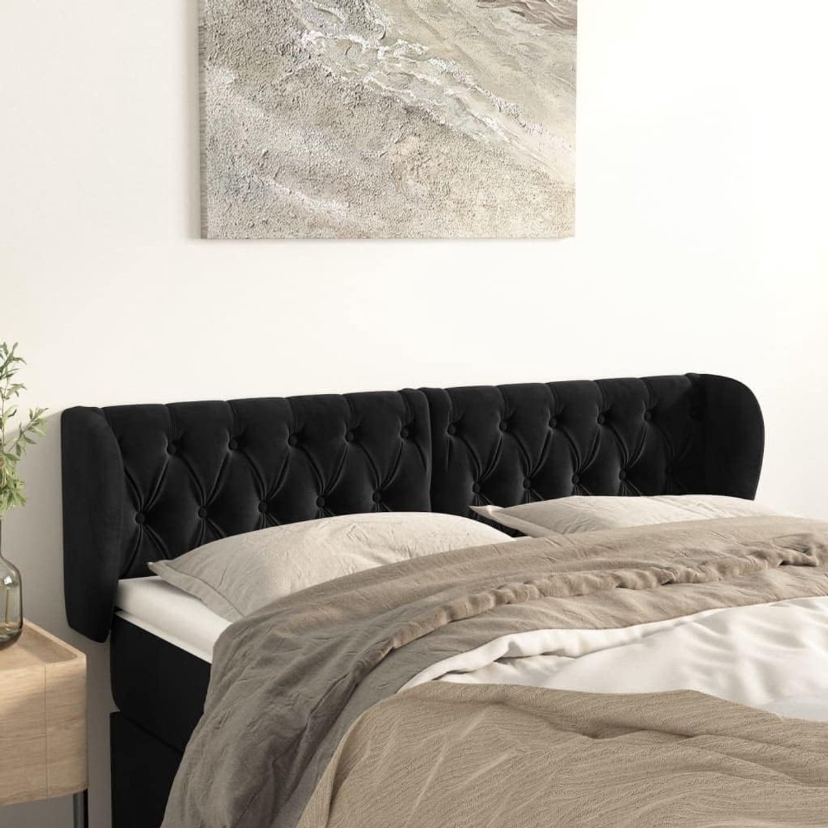 Hoofdeinde met oren, zwart, 147 x 23 x 78/88 cm, fluweel, voor de slaapkamer, hotelhoofdeinde, werkkamer, voor slaapkamer, tweede slaapkamer, hotel