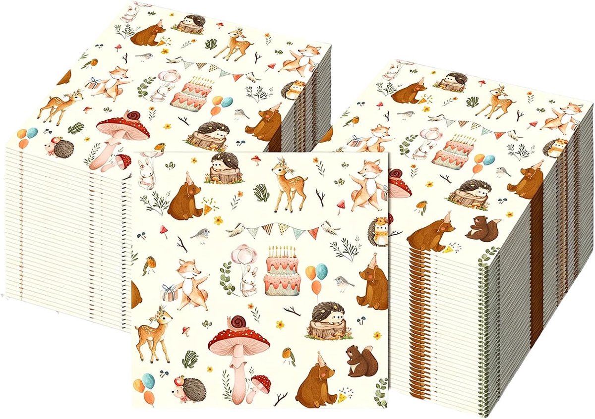 Servetten voor verjaardag, 40 stuks, 33 x 33 cm, servetten met bosdieren – vos, egel en Sika-hert, verjaardagsdecoratie met jungledieren