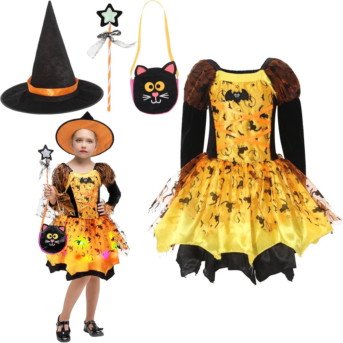 Uitkleding Halloween meisje lichtgevende kostuum tovenaar kind jurk + hoed + baguette magie + zak met bonbon cosplay