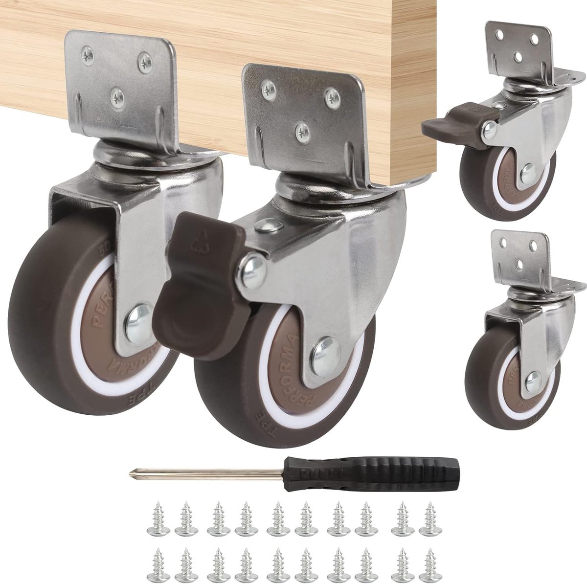 4 stuks transportwielen, 50 mm, kleine zware wielen, 360 graden meubelwielen, zwenkwielen met rem, draagkracht 100 kg, stille transportwielen met schroeven, schroevendraaier voor binnen en buiten