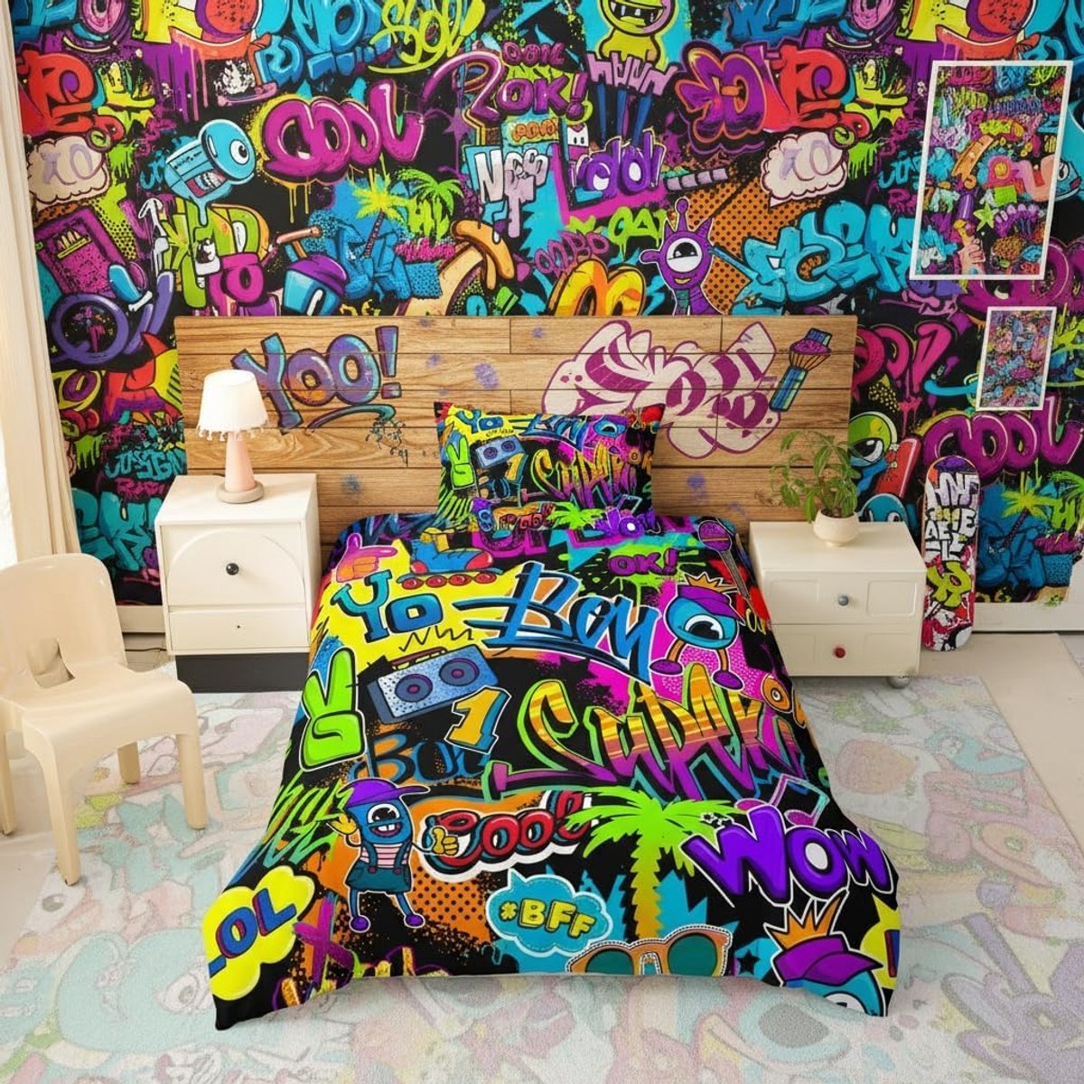 Cartoon beddengoedset, hip Hop Street cultuur, beddengoedset, 135 x 200 cm, graffiti, letters, bedset voor kinderen, jongens, meisjes, tieners, 2 stuks, ritssluiting, microvezel
