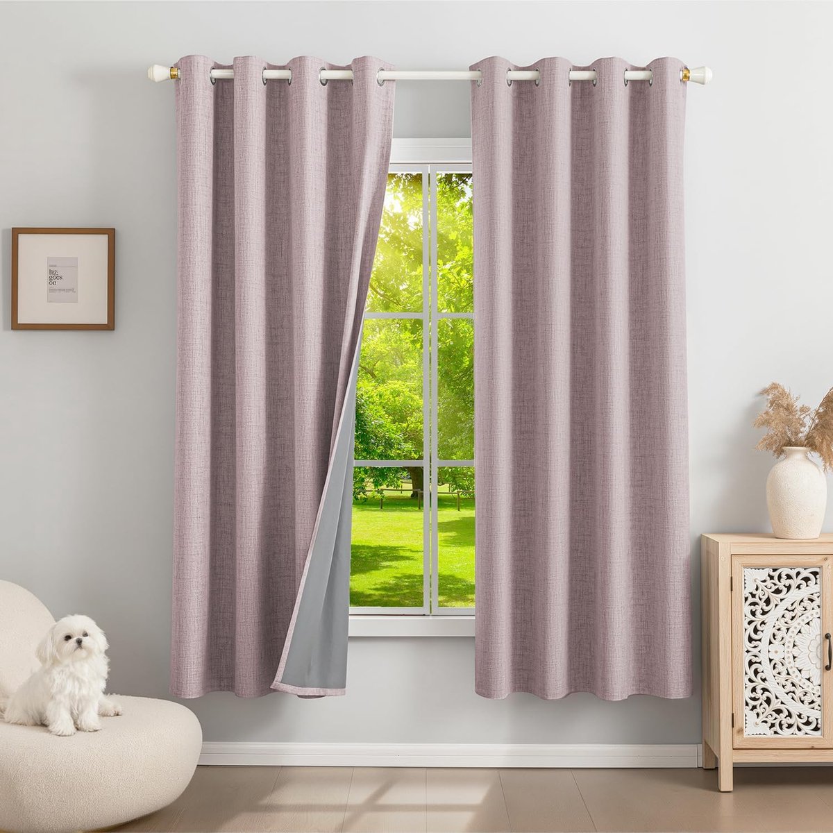 100% verduisteringsgordijn, thermisch warmte-isolerend, tegen kou, 140 x 175 cm, set van 2 linnen raamgordijnen, ondoorzichtig, met ringen, roze, anti-hitte, uv-bescherming, geluidsisolatie