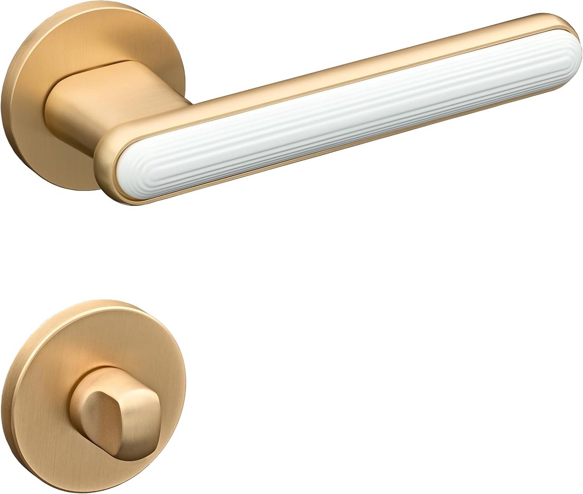 Deurgrepen goud wit set WC/badkamer | deurklinken voor binnendeuren | deurkrukgarnituur kamerdeur met ronde rozet van zink deurbeslag in L-vorm & gestructureerd oppervlak