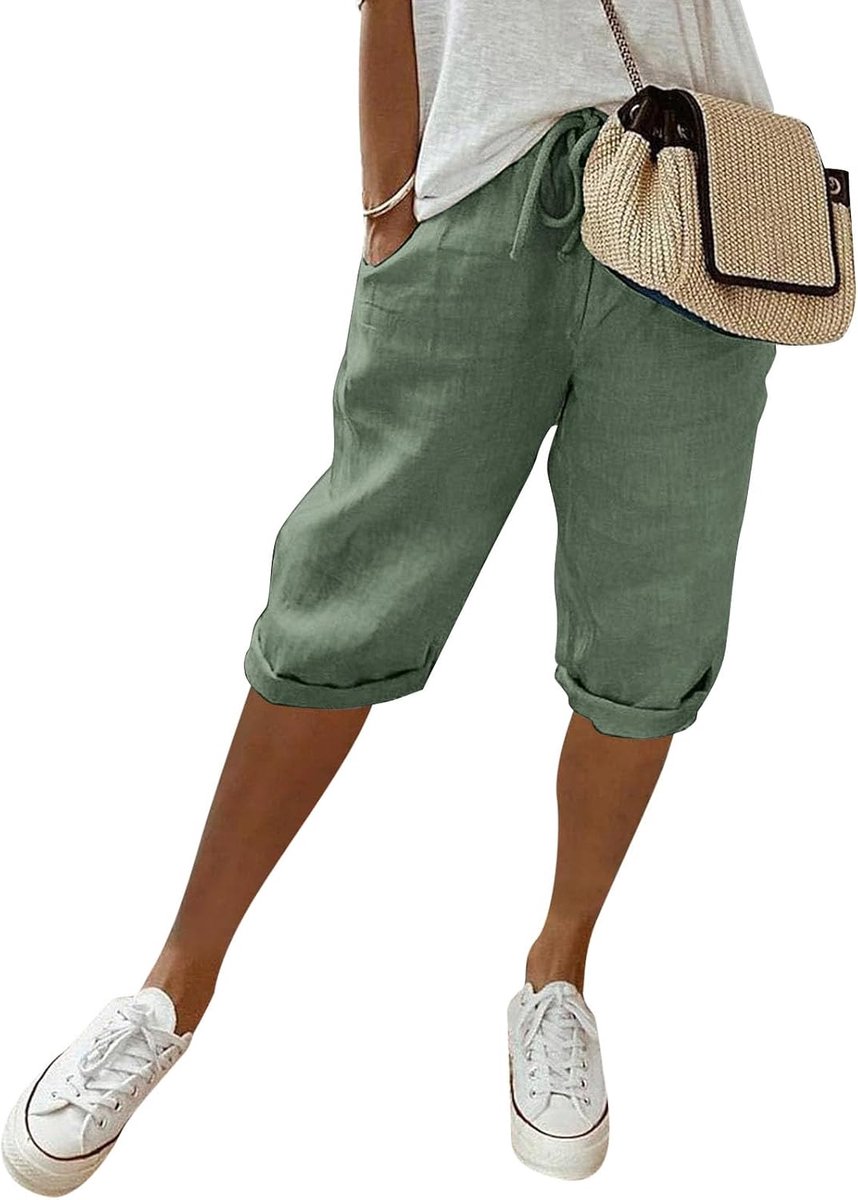 Linen damesbroek, zomer, knie lang, elastisch, hoge taille, blauw, casual