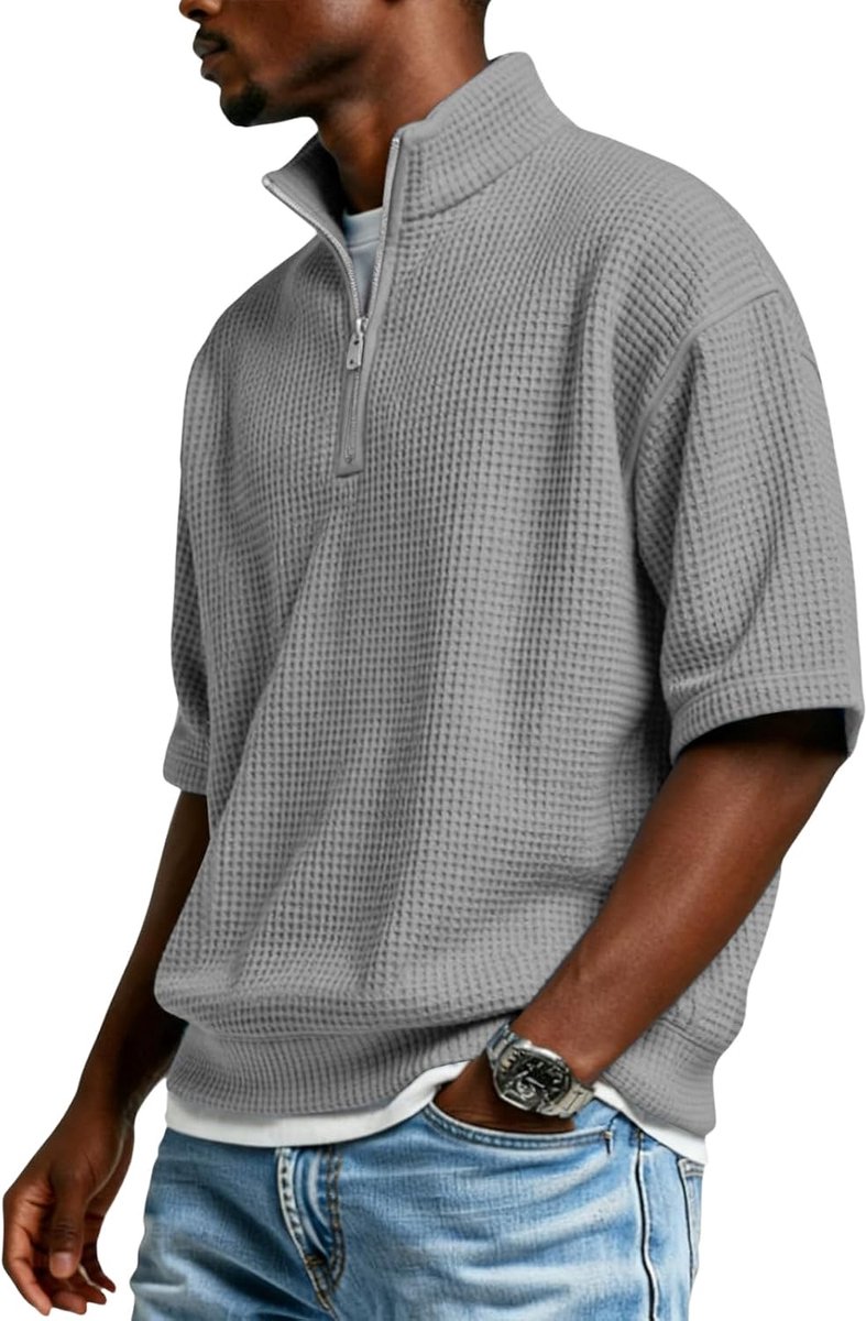 Poloshirt korte mouw met wafeltstructuur, zomerhemd, vrijetijdshemd met rits en knoopsluiting