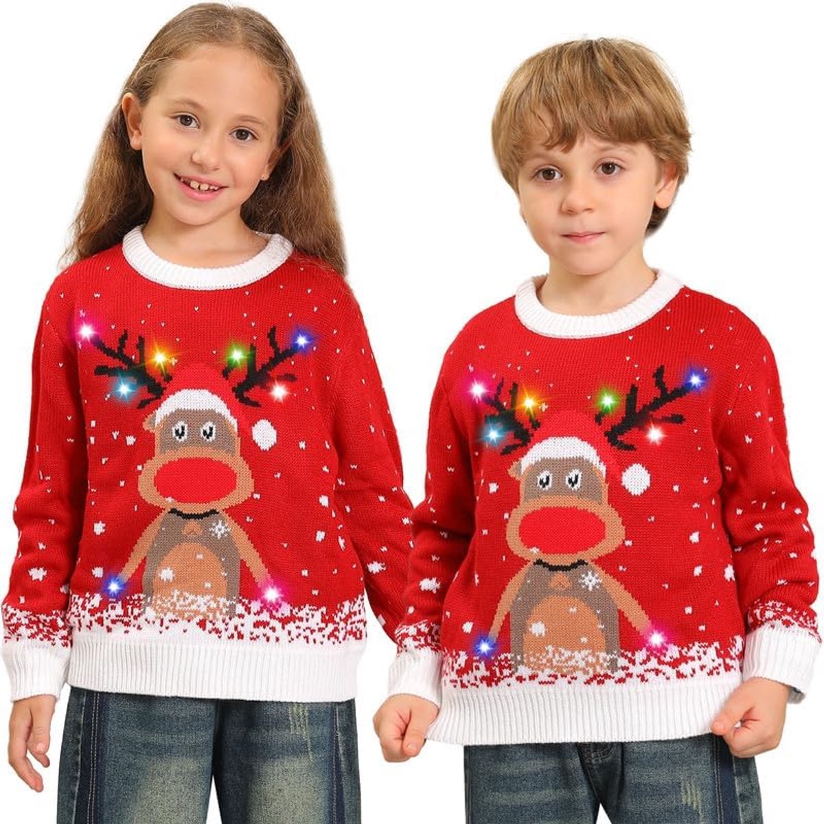 Kersttrui voor kinderen met lichtjes, grappig, ronde hals, kersttrui voor het gezin, ledlicht, ugly Christmas sweater voor kinderen, meisjes en jongens