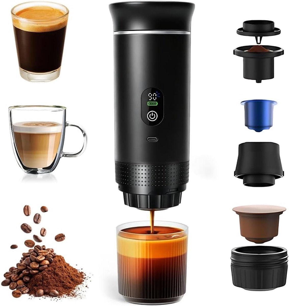 3-in-1 koffiezetapparaat, draagbaar koffiezetapparaat, draagbaar koffiezetapparaat, draagbare capsulekoffiezetapparaat, draagbare espressomachine voor reizen, camping, thuis, auto