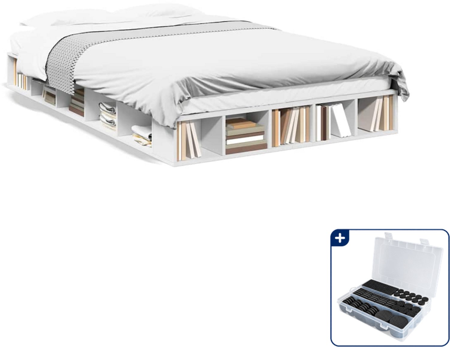 vidaXL bedframe - 135 x 190 cm - bewerkt hout - wit - Inclusief antikrasvilt 177-delig