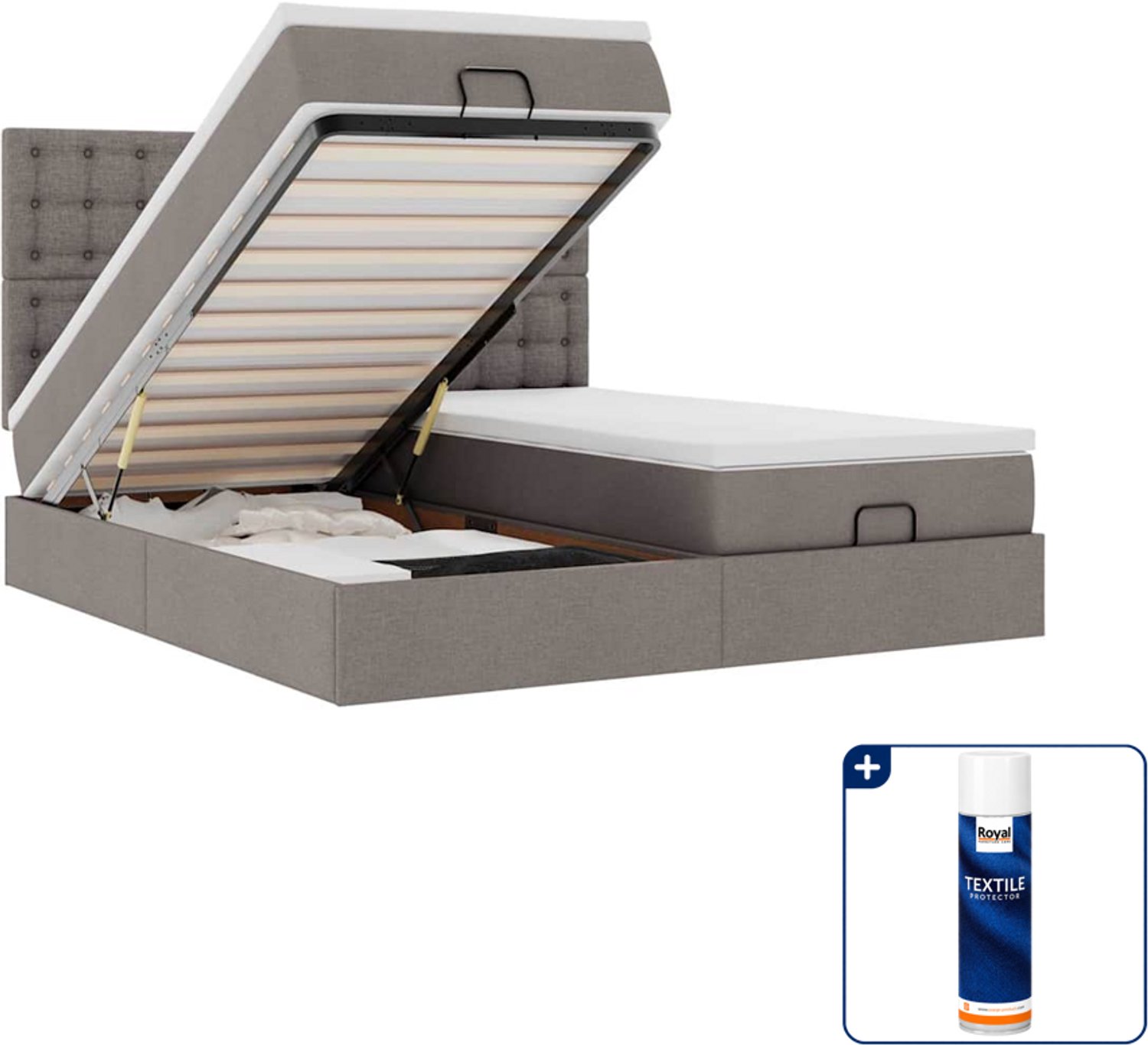 vidaXL Kingsize ottomaan bed met matrassen en LED - 180x200 cm - taupe - Inclusief textielbeschermer 500 ml