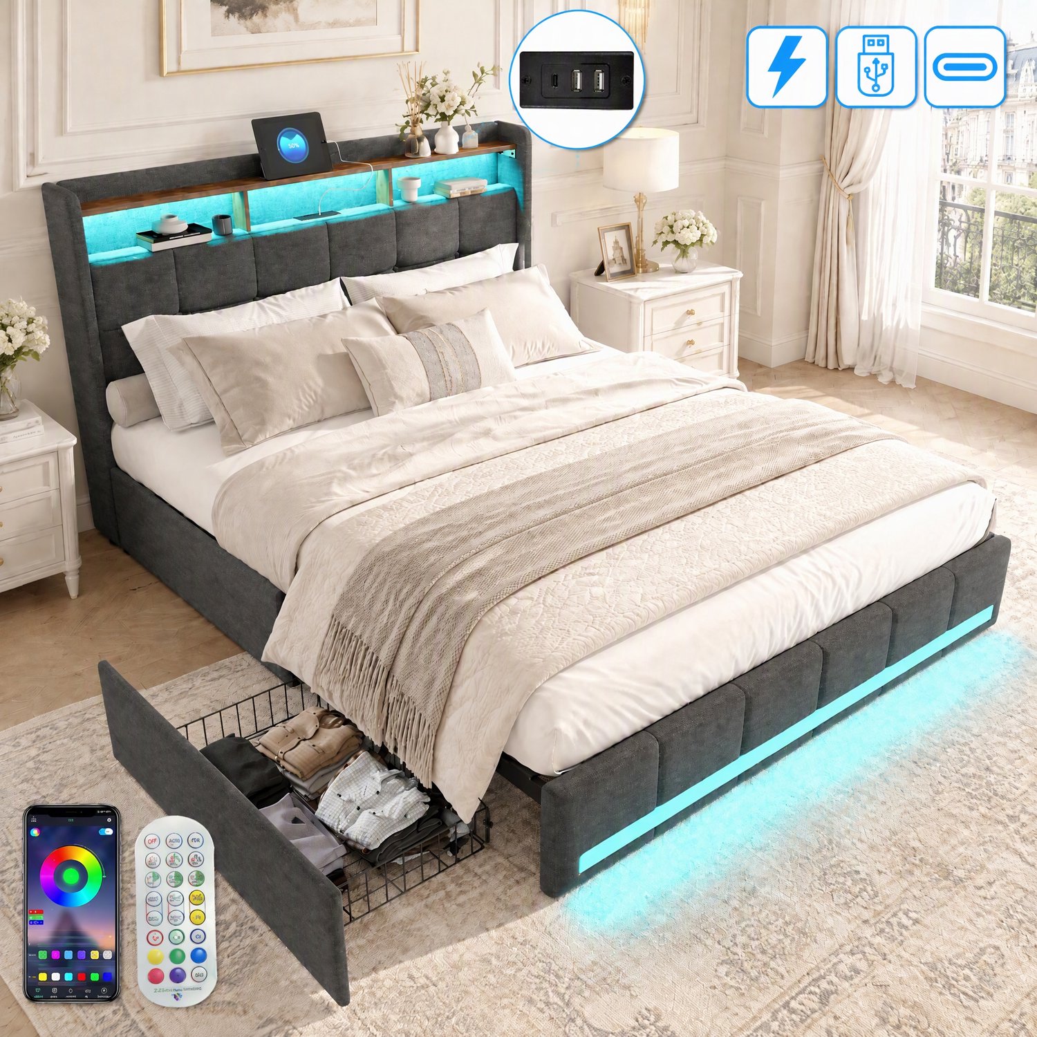 Yelenaro Gestoffeerd tweepersoonsbed 160x200 cm, Bedframe met lattenbodem en 4 lades, Hoofdeinde met opbergruimte, LED-verlichting en USB-aansluiting, Linnen, Grijs