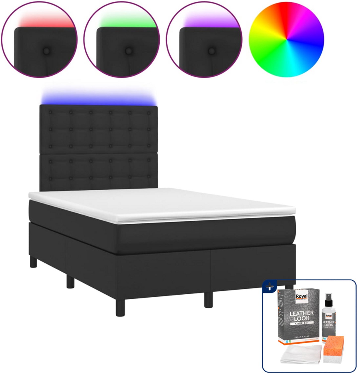 vidaXL boxspring met matras en LED - 120 x 200 cm - kunstleer - zwart - Inclusief onderhoudsset voor kunstleer 150 ml