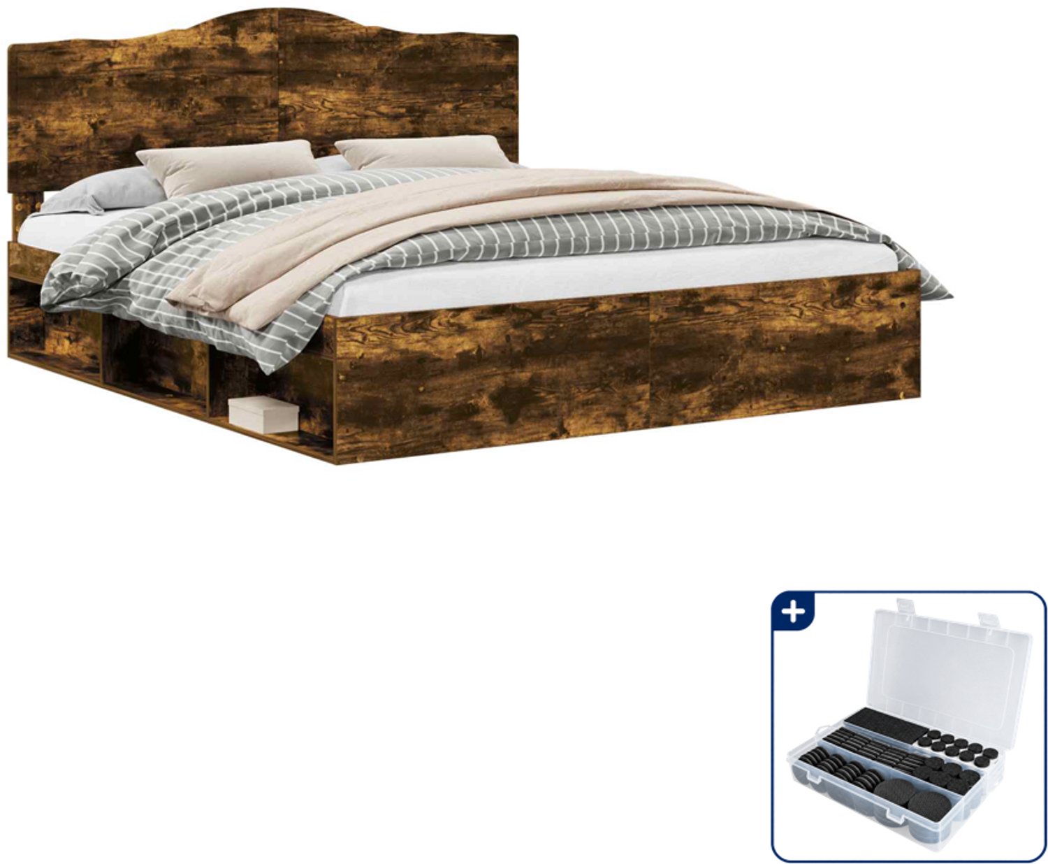 vidaXL Bedframe - 200 x 200 cm - bewerkt hout - gerookt eiken - Inclusief antikrasvilt 177-delig Bruin