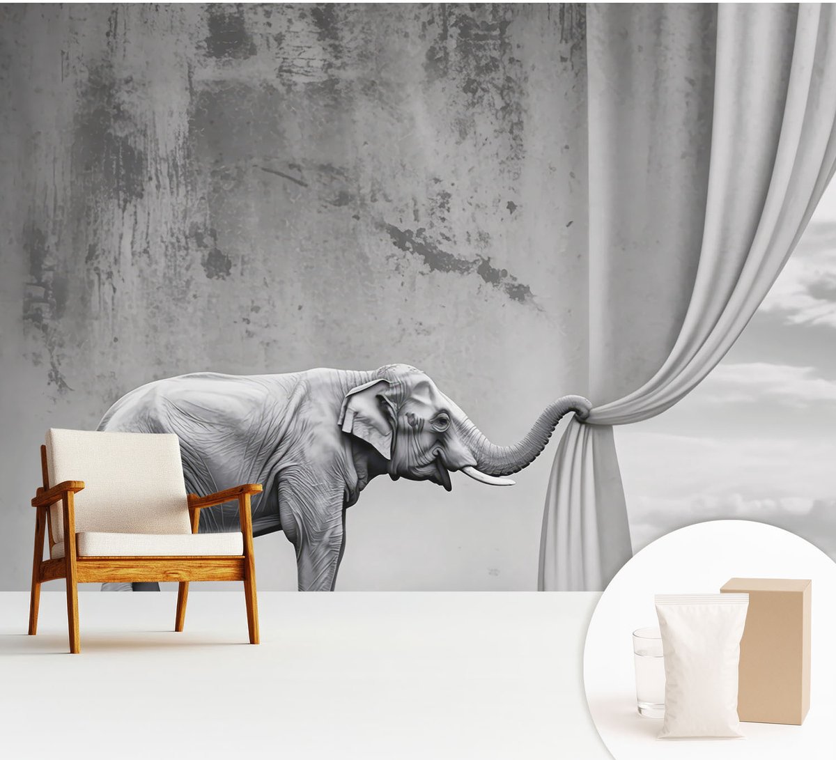 Wallfluent Fotobehang - Grijs Vliesbehang - 312x219 cm - Surrealistische Olifant Fotobehang Vlies - Hal behang Deel - Muurschildering - Woonkamer behang