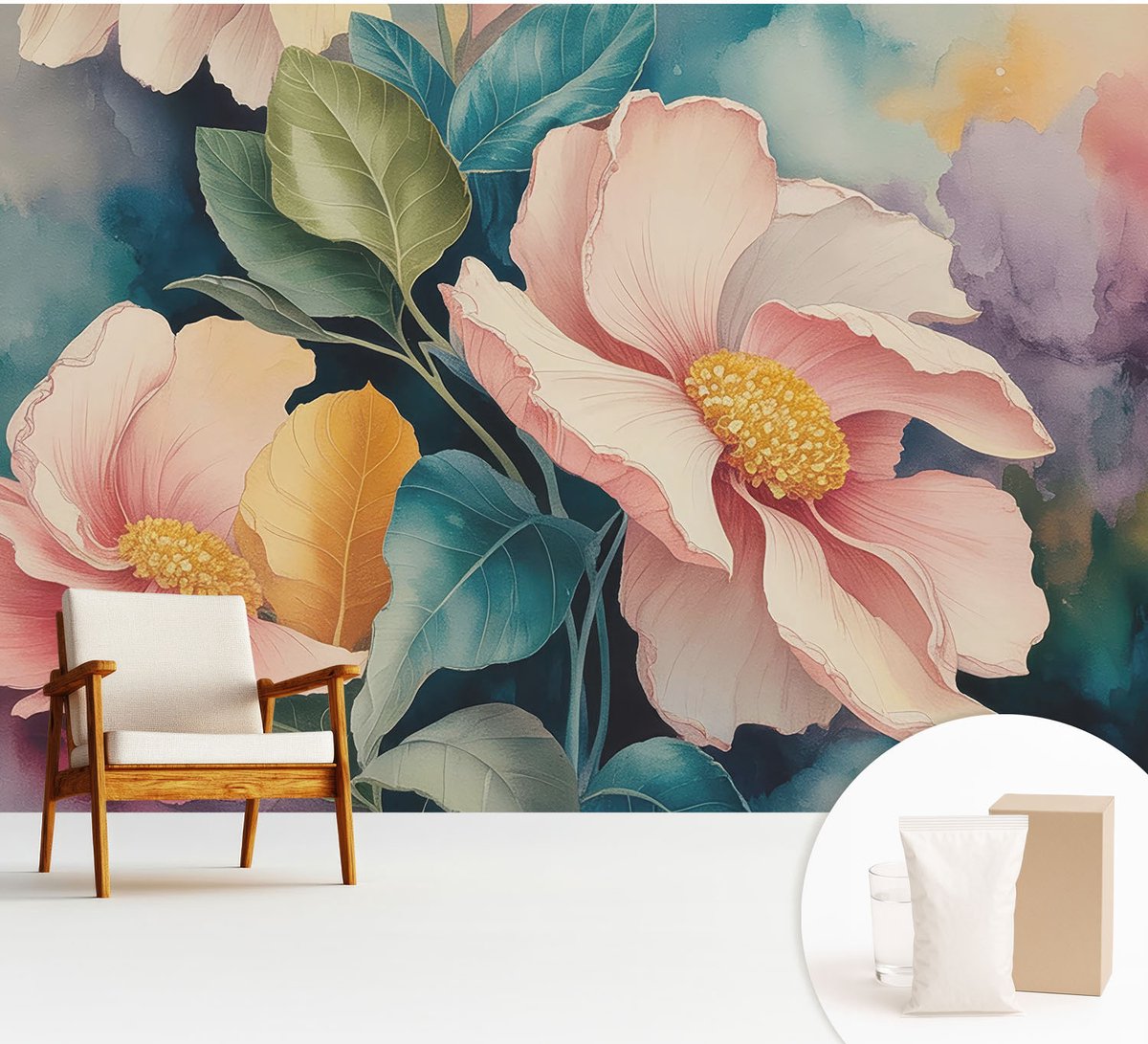 Wallfluent Fotobehang - Roze Vliesbehang - 312x219 cm - Bloemige Elegantie Muurschildering - Gang behang Bloemen En Planten - Fotobehang Vlies - Gang behang