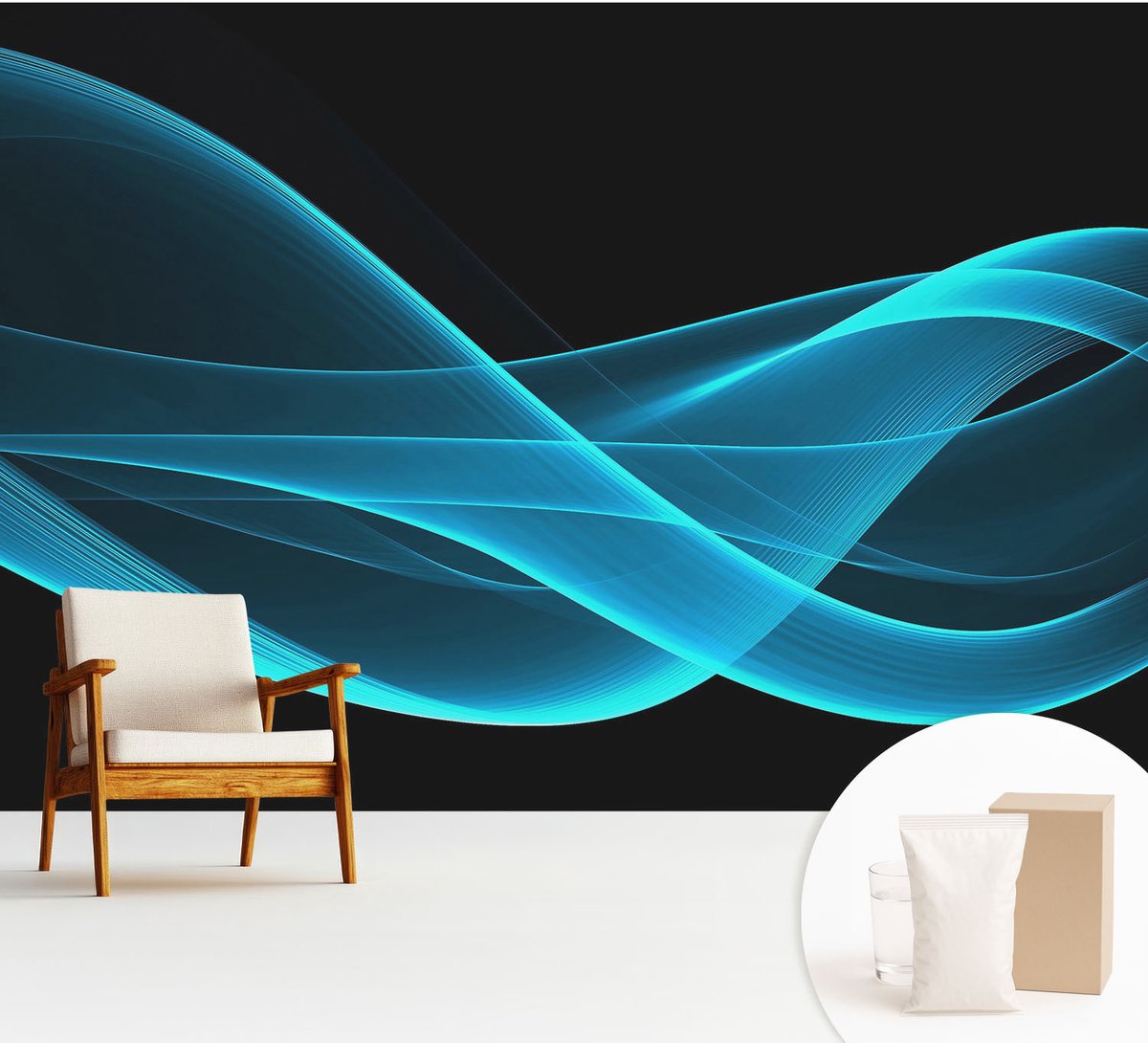 Wallfluent Fotobehang - Zwart Vliesbehang - 312x219 cm - Opvallende Golven Fotobehang Vlies - Hal behang Abstractie - Muurschildering - Hal behang