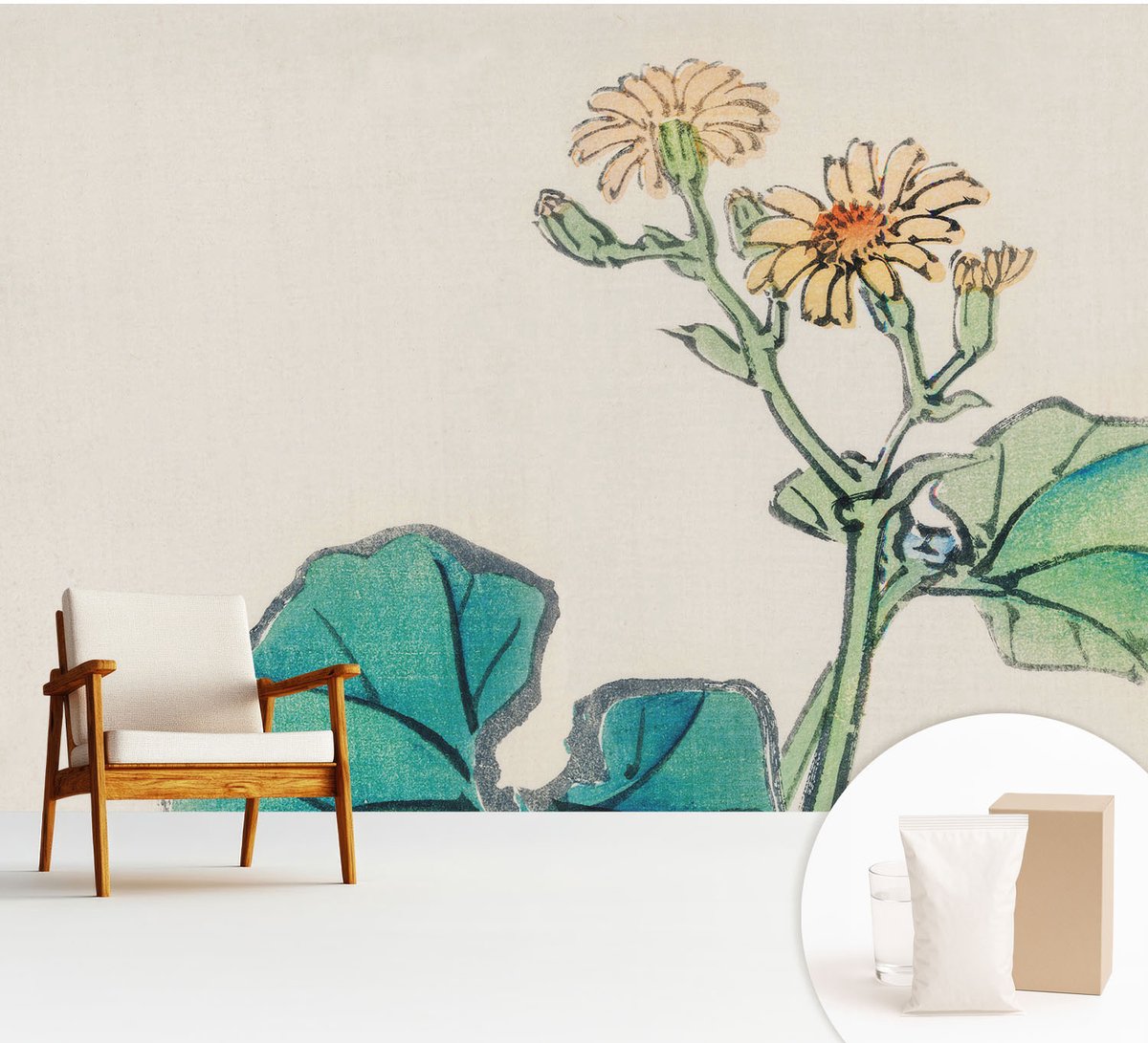 Wallfluent Fotobehang - Wit Vliesbehang - 312x219 cm - Bloem En Bladeren Fotobehang Vlies - Hal behang Bloemen En Planten - Muurschildering - Woonkamer behang