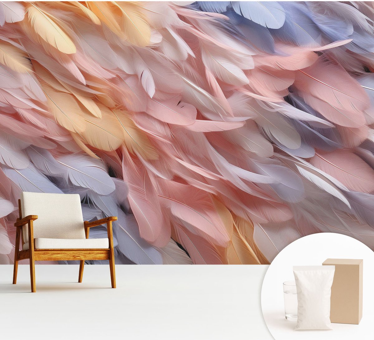 Wallfluent Fotobehang - Roze Vliesbehang - 312x219 cm - Pastelkleurige Veren Muurschildering - Gang behang Texturen - Fotobehang Vlies - Slaapkamer behang
