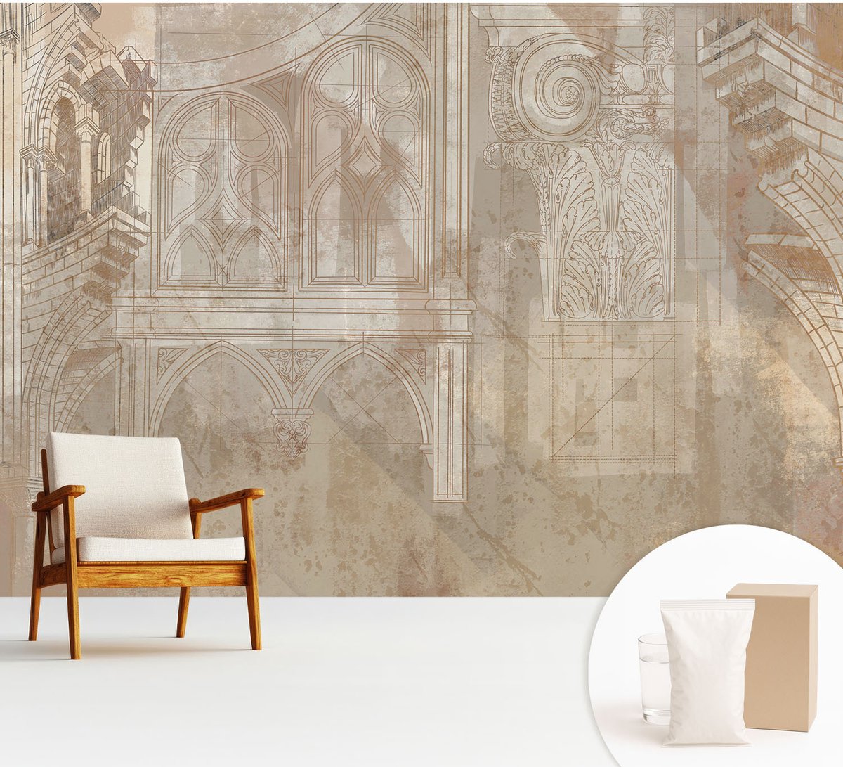 Wallfluent Fotobehang - Wit Vliesbehang - 312x219 cm - Historische Ornamenten Fotobehang Vlies - Hal behang Architectuur - Muurschildering - Woonkamer behang