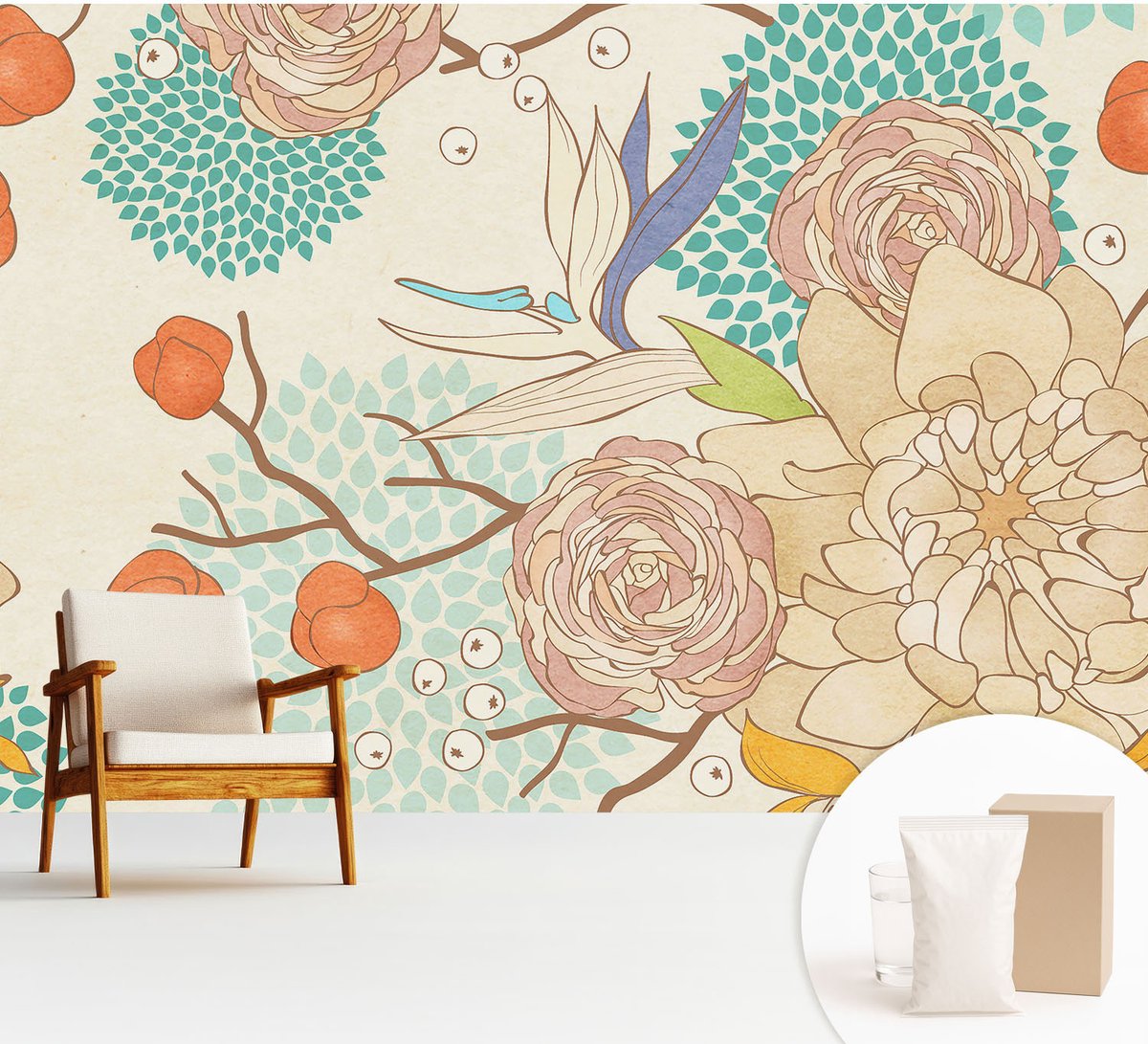 Wallfluent Fotobehang - Wit Vliesbehang - 312x219 cm - Bloemenfantasie Fotobehang Vlies - Hal behang Bloemen En Planten - Muurschildering - Woonkamer behang