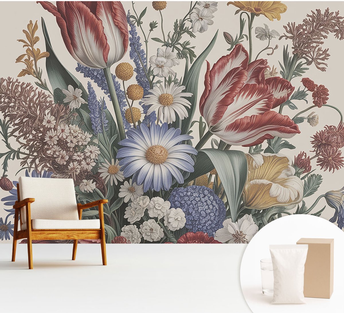 Wallfluent Fotobehang - Beige Vliesbehang - 312x219 cm - Bloemenboeket Muurschildering - Gang behang Bloemen En Planten - Fotobehang Vlies - Gang behang