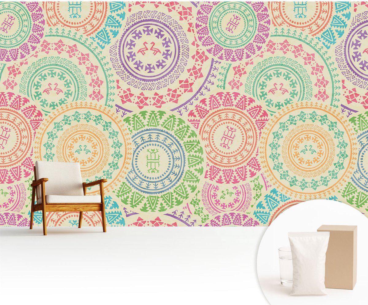 Wallfluent Fotobehang - Beige Vliesbehang - 416x254 cm - Kleurrijke Mandala'S Muurschildering - Slaapkamer behang Achtergronden En Patronen - Fotobehang Vlies - Slaapkamer behang
