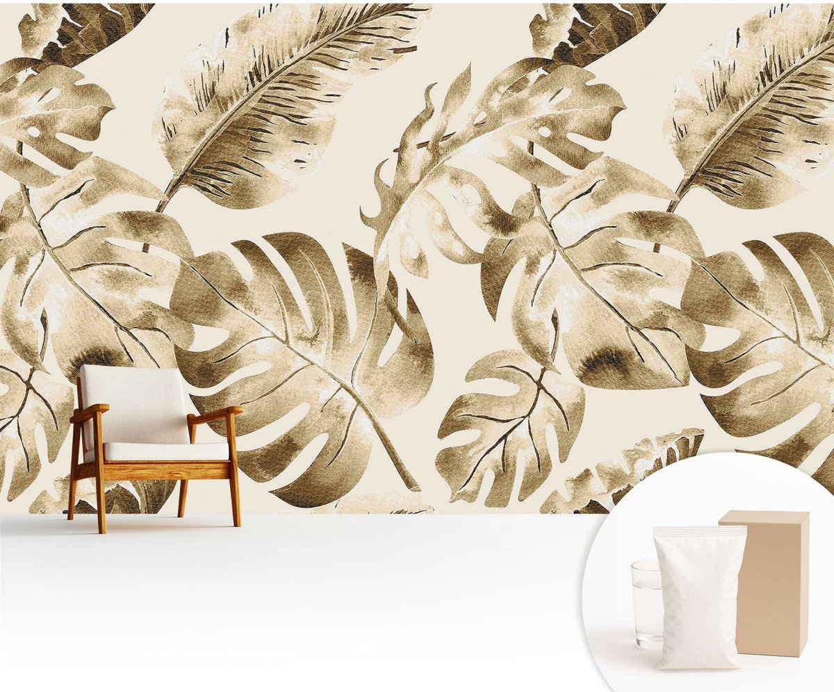 Wallfluent Fotobehang - Beige Vliesbehang - 416x254 cm - Exotische Flora Fotobehang Vlies - Hal behang Bloemen En Planten - Muurschildering - Woonkamer behang