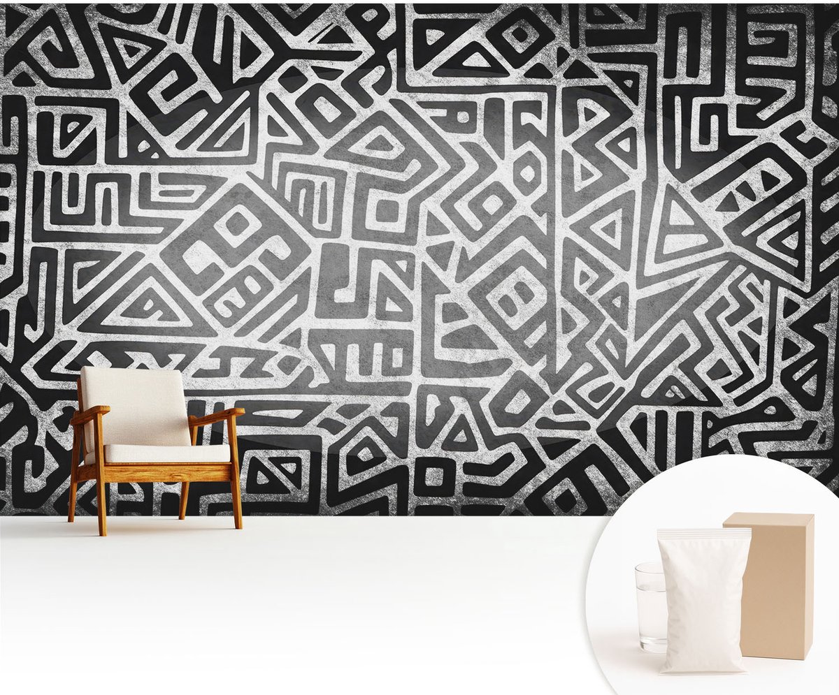 Wallfluent Fotobehang - Zwart-Wit Vliesbehang - 416x254 cm - Geometrisch Doolhof Muurschildering - Gang behang Geometrie - Fotobehang Vlies - Gang behang