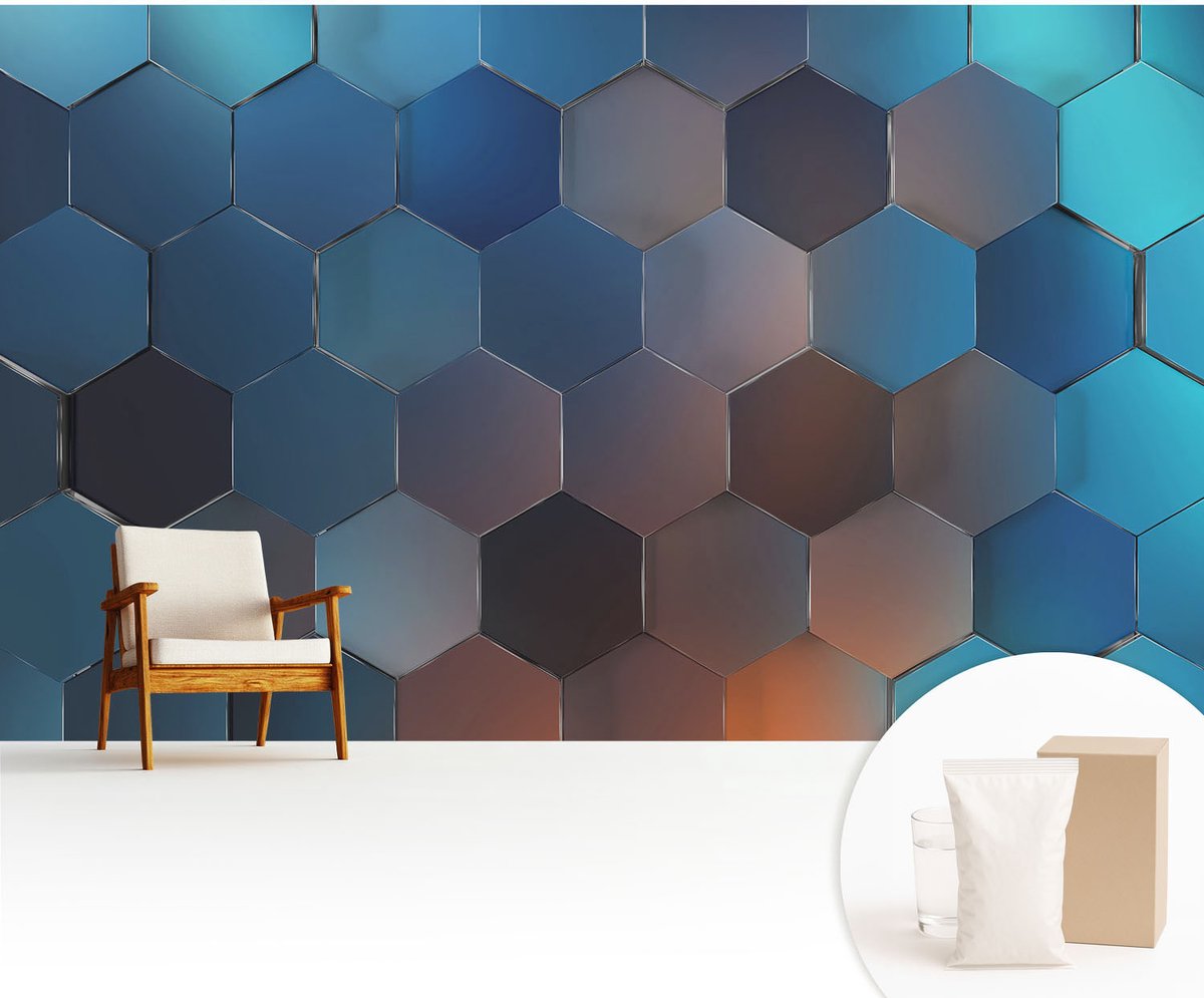 Wallfluent Fotobehang - Blauw Vliesbehang - 416x254 cm - Blauwe Zeshoeken Fotobehang Vlies - Hal behang Abstractie - Muurschildering - Woonkamer behang