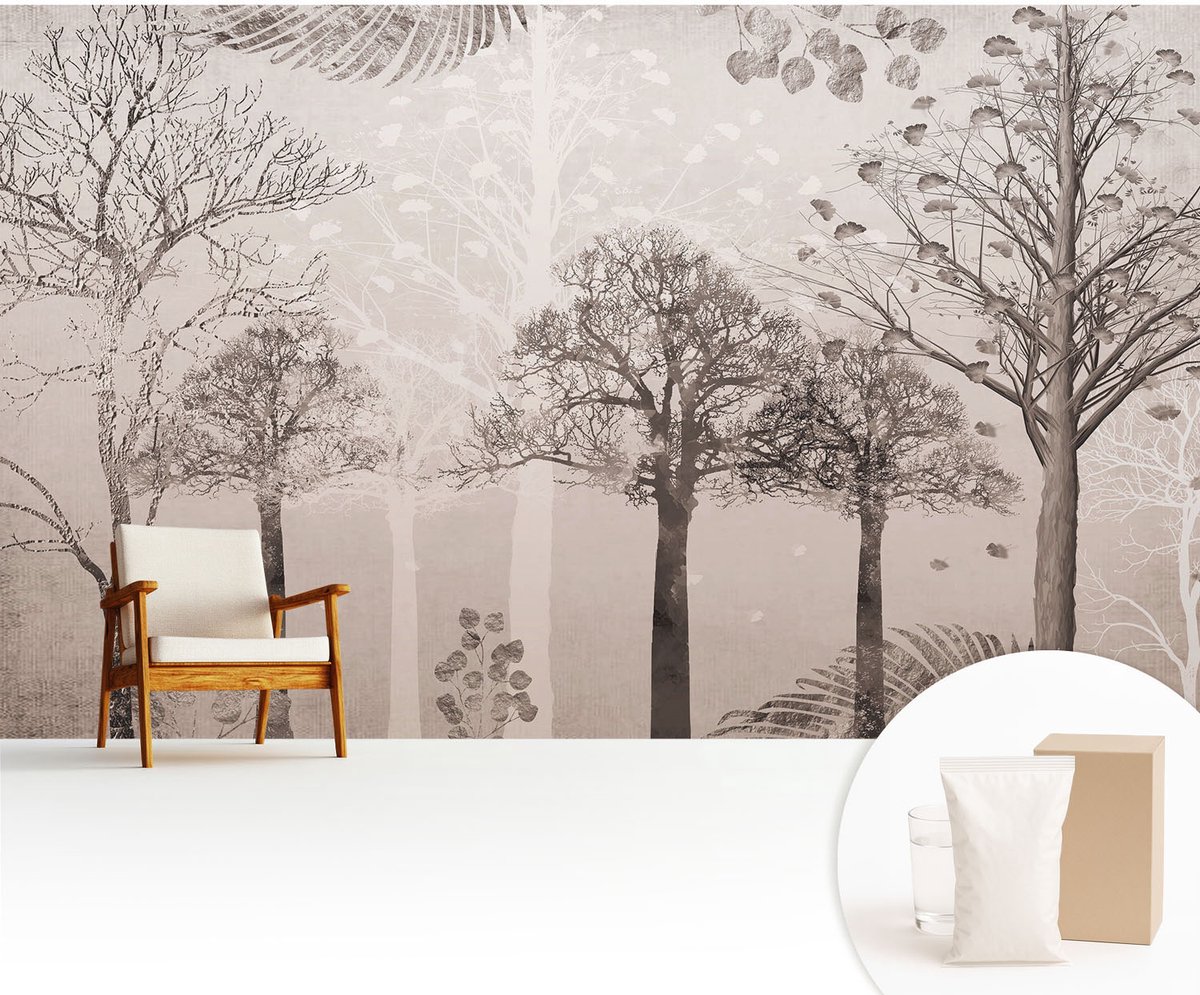 Wallfluent Fotobehang - Beige Vliesbehang - 416x254 cm - Kwetsbare Bomen Muurschildering - Slaapkamer behang Bloemen En Planten - Fotobehang Vlies - Gang behang