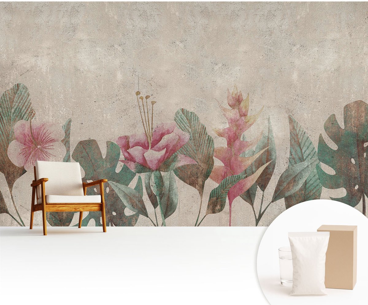 Wallfluent Fotobehang - Beige Vliesbehang - 416x254 cm - Subtiele Flora Muurschildering - Gang behang Bloemen En Planten - Fotobehang Vlies - Slaapkamer behang