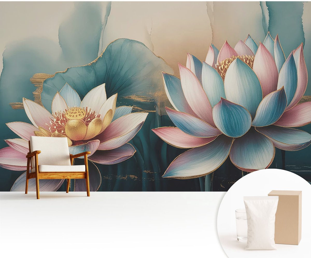 Wallfluent Fotobehang - Blauw Vliesbehang - 416x254 cm - Lotusbloemen Van Harmonie Fotobehang Vlies - Woonkamer behang Bloemen En Planten - Muurschildering - Woonkamer behang