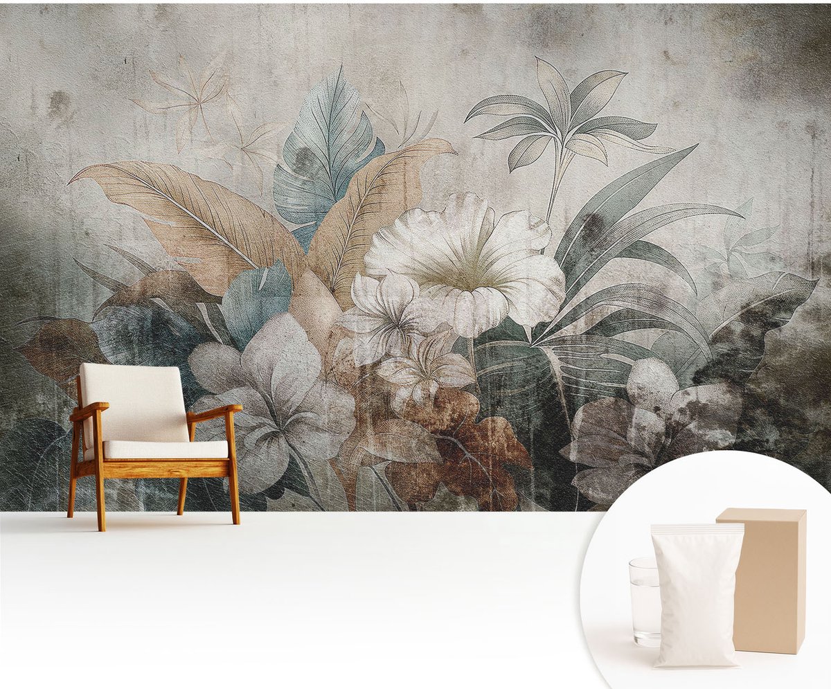 Wallfluent Fotobehang - Grijs Vliesbehang - 416x254 cm - Bloemendroom Muurschildering - Gang behang Bloemen En Planten - Fotobehang Vlies - Slaapkamer behang